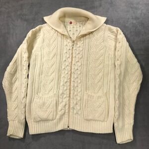 Vintage 70s Sears Kings Road Cream Cable Knit Acrylic Zip Up Cardigan Mens Large